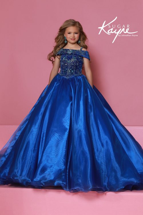 Royal blue off-the-shoulder ball gown with beaded bodice, perfect for national level pageants.